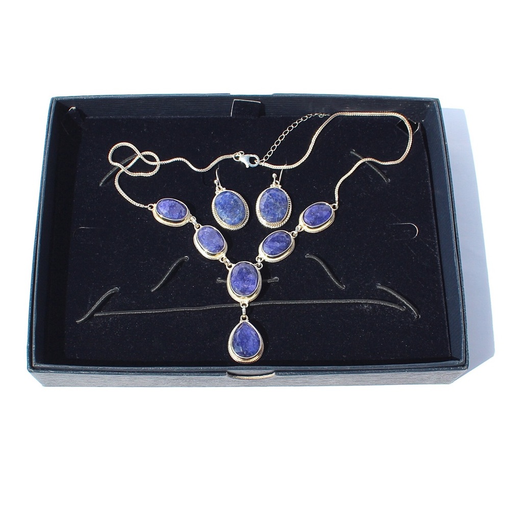Stauer Simulated Sapphire Sterling Silver Necklace & Earrings Jewelry Set In Box